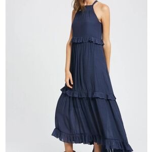 Navy Blue Tiered Ruffle Maxi Dress Size XXL Halter Tie Back Flowy